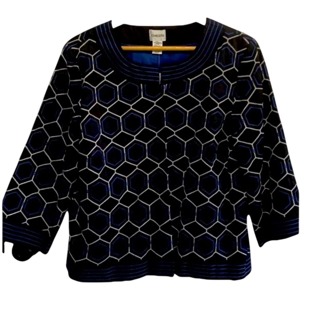 Chicos Coloring Hexagon Morela 3/4 Sleeve Jacket Black Blue Size 2 Large